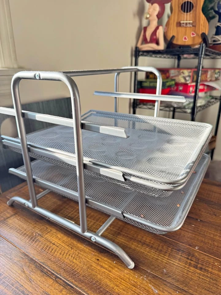 Gray Metal Mesh Desk Organizer with 2 Sliding Letter Trays
