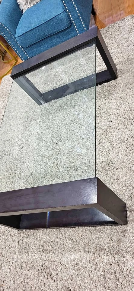 Glass Top Coffee Table with Dark Wood Frame