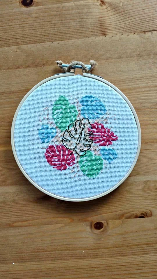 Monstera cross stitch embroidered hoop