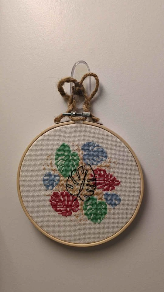 Monstera cross stitch embroidered hoop - photo 3