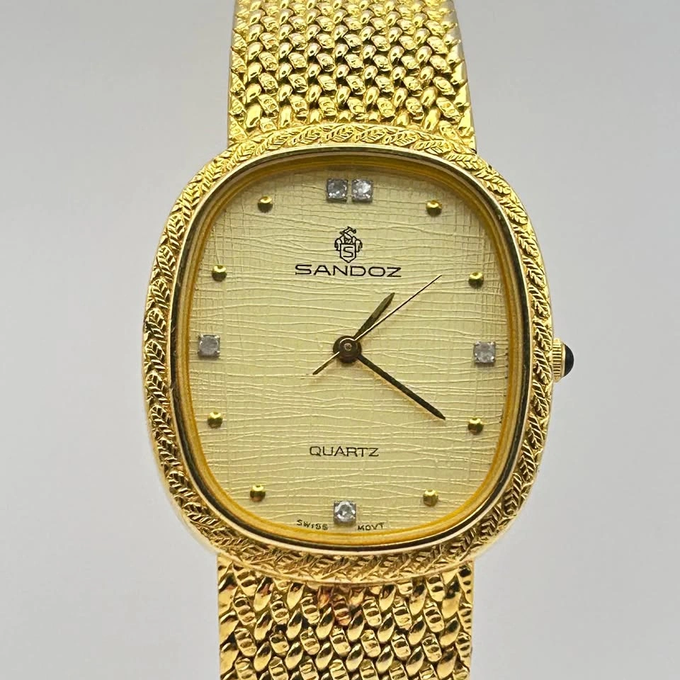 Vintage SANDOZ Gold Oval Swiss Diamond Quartz Ladies Watch