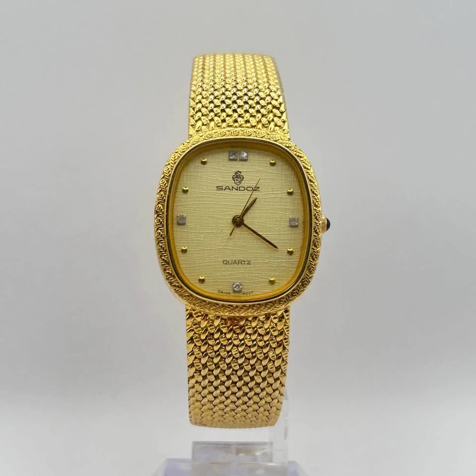 Vintage SANDOZ Gold Oval Swiss Diamond Quartz Ladies Watch - photo 2