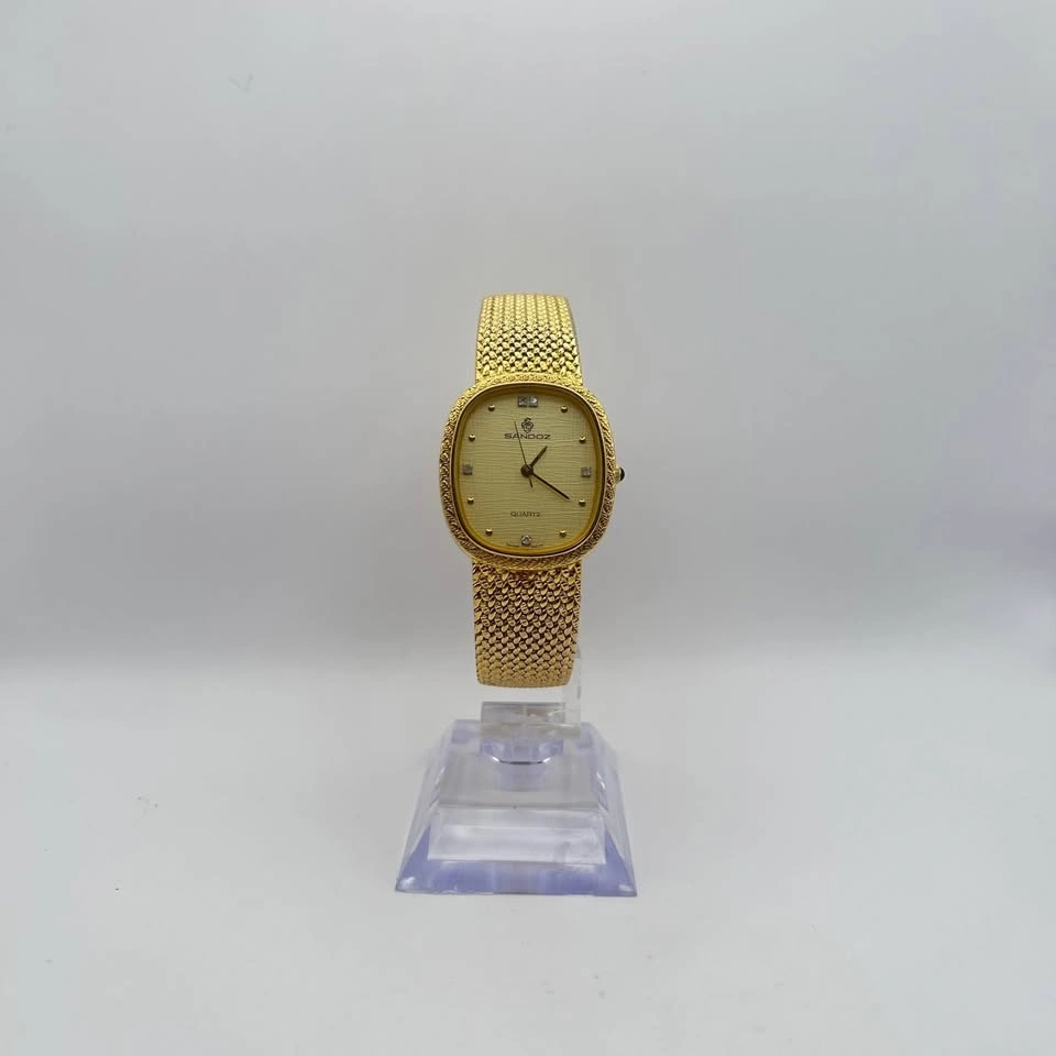 Vintage SANDOZ Gold Oval Swiss Diamond Quartz Ladies Watch - photo 3