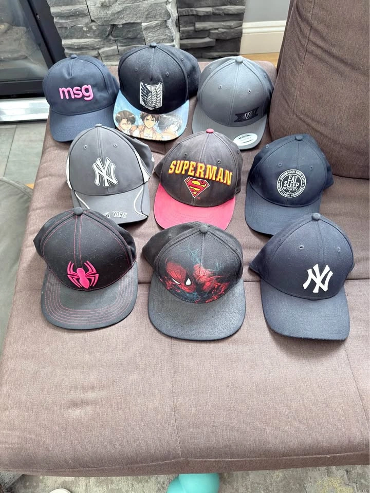 Assorted Baseball Caps, Yankees, Marvel, DC, Anime, Hockey