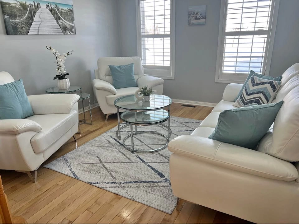 Modern White Faux Leather Sofa Set & Glass Nesting Tables