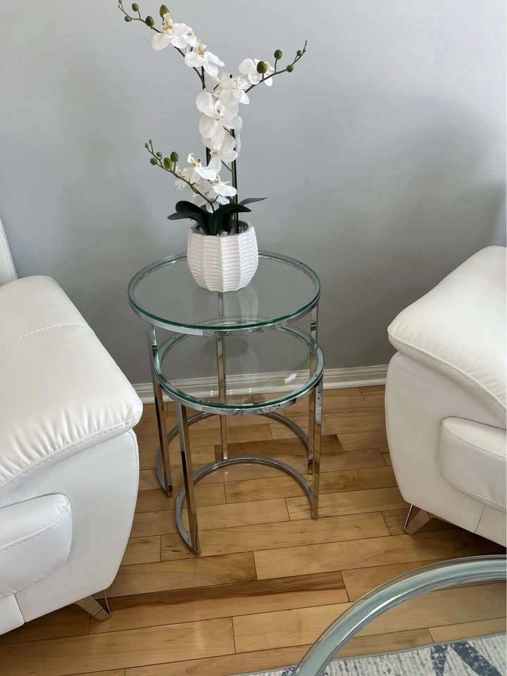 Modern White Faux Leather Sofa Set & Glass Nesting Tables - photo 5