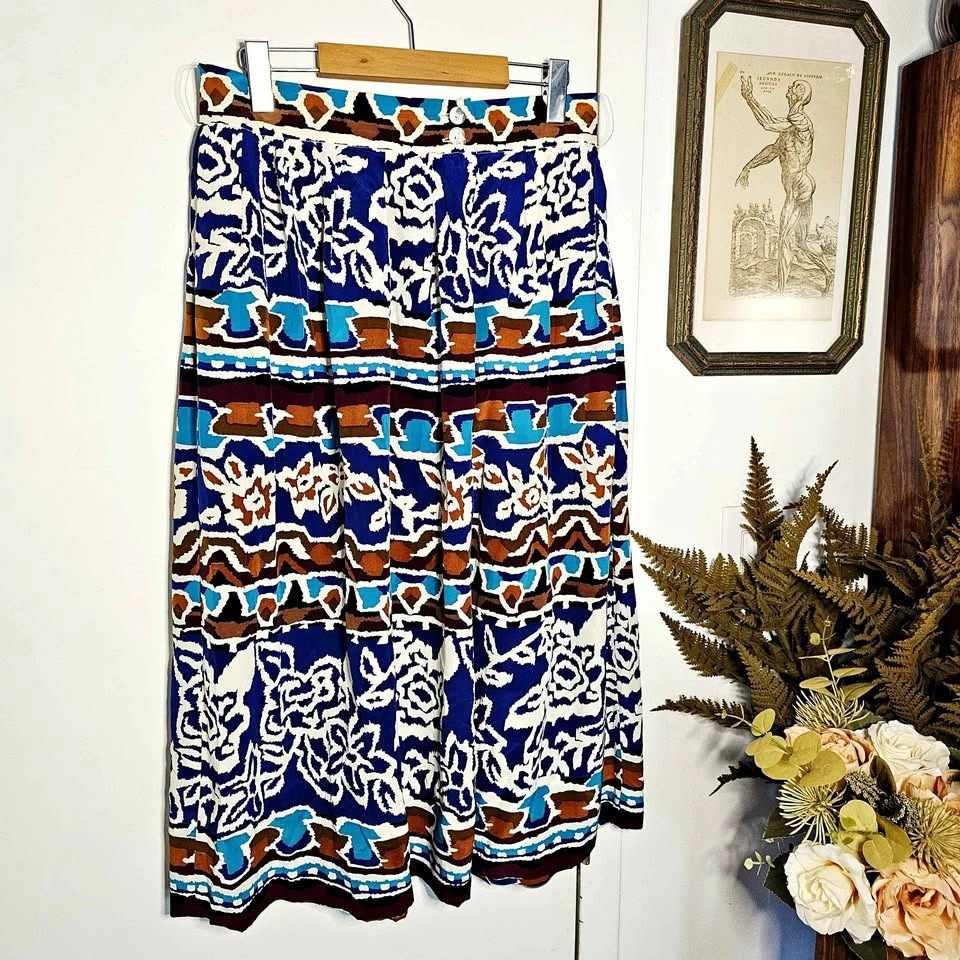 Vintage 100% Silk 80s 90s Alfred Sung Abstract Midi Skirt