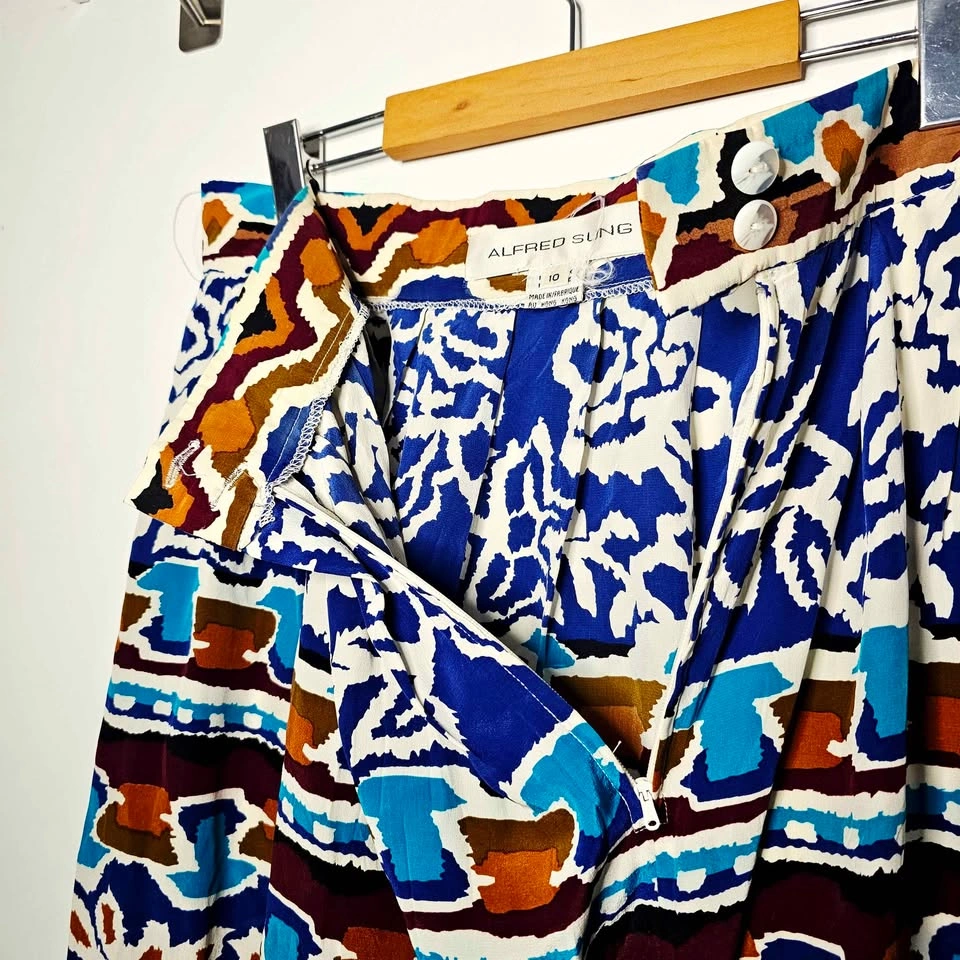 Vintage 100% Silk 80s 90s Alfred Sung Abstract Midi Skirt - photo 5