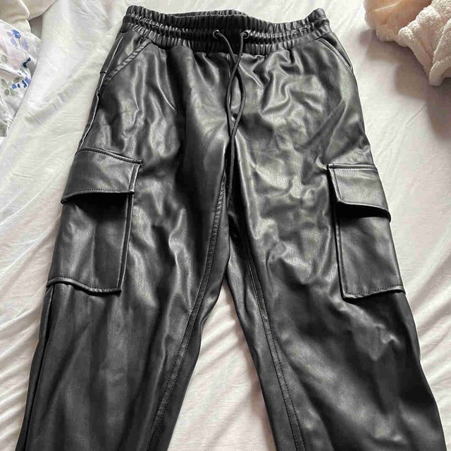 Black Faux Leather Cargo Pants