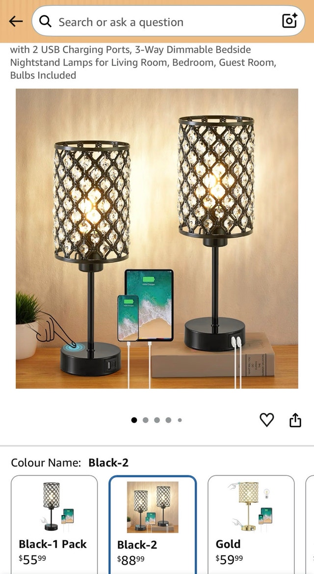 3-Way Dimmable Crystal Table Lamp with 2 USB Charging Ports