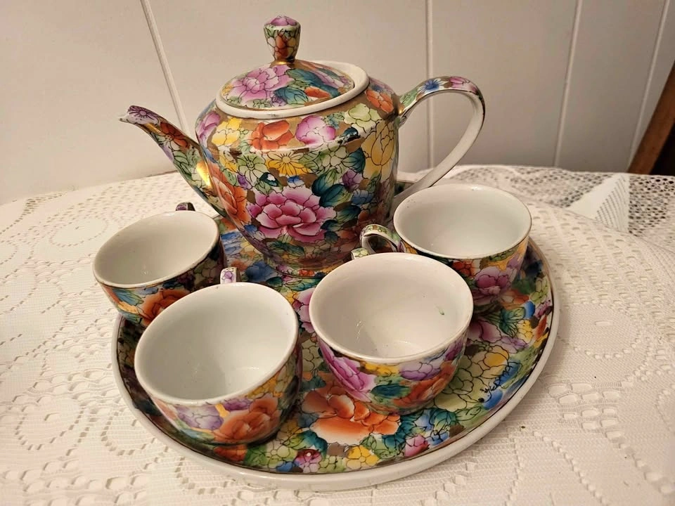 Vintage Chinese Mille Fleur Porcelain Teapot & Cup Set