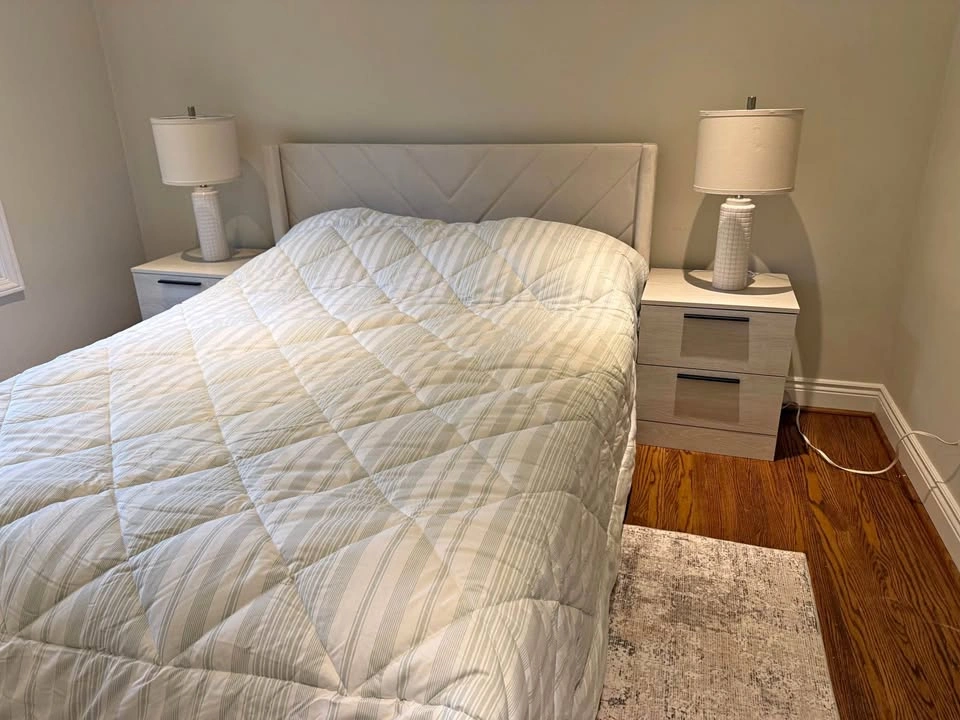 Queen Upholstered Bed Frame with Chevron Headboard