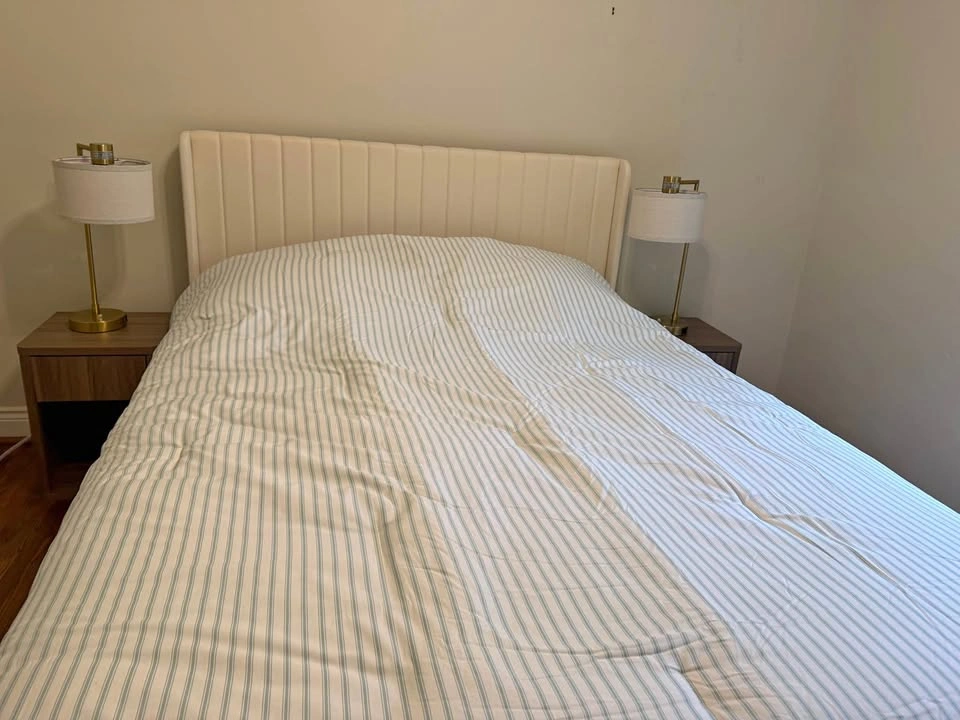 Cream Upholstered Queen Bed Frame with Channel Tufted Headboard