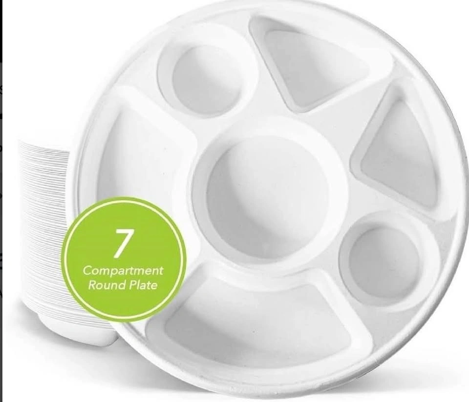 RANI 11”x11” 7-Compartment Bagasse Plates (50 Pack)
