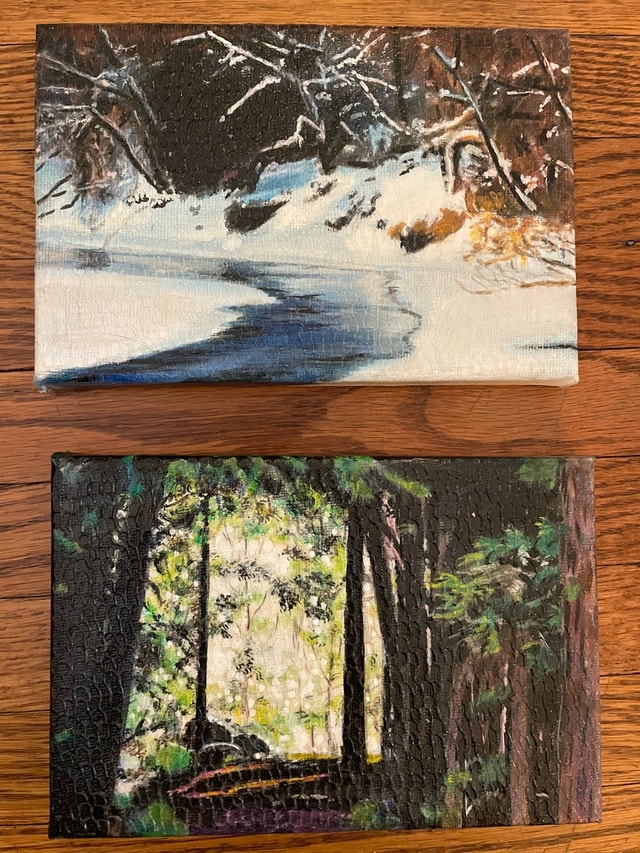 Original Mini Landscape Paintings – Winter Creek & Forest – Set