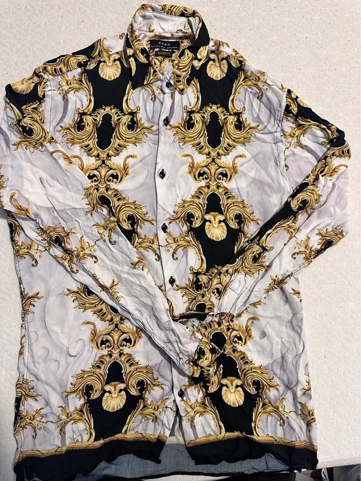 Zara Gold Baroque Silk-Feel Shirt (Relaxed Fit S)