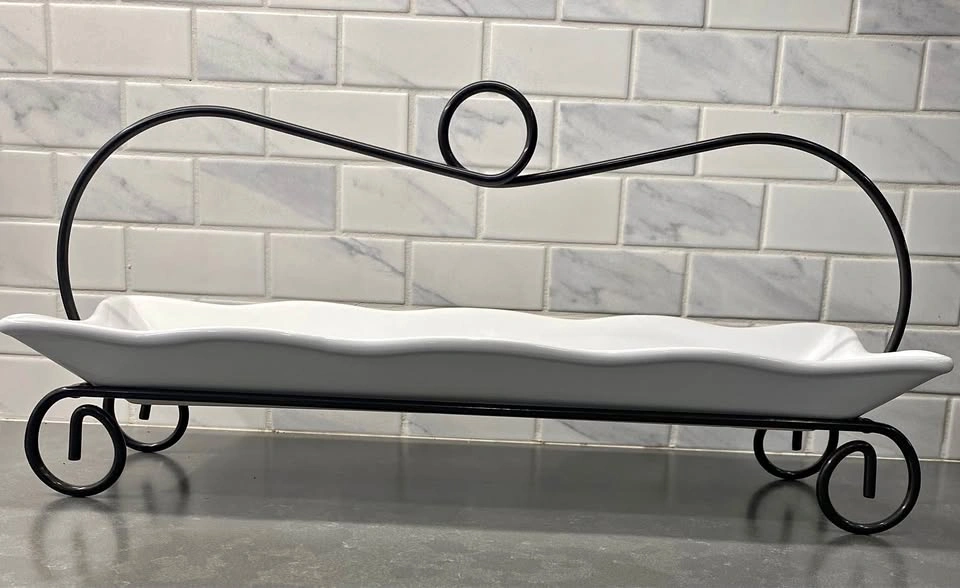 White Ceramic Serving Platter with Black Metal Stand