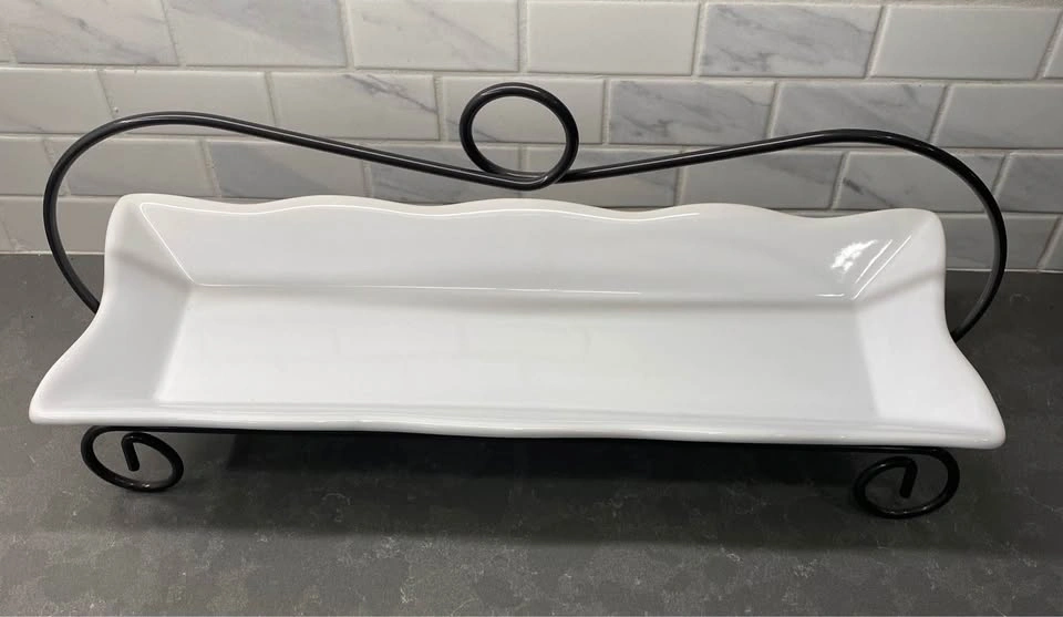 White Ceramic Serving Platter with Black Metal Stand - photo 2