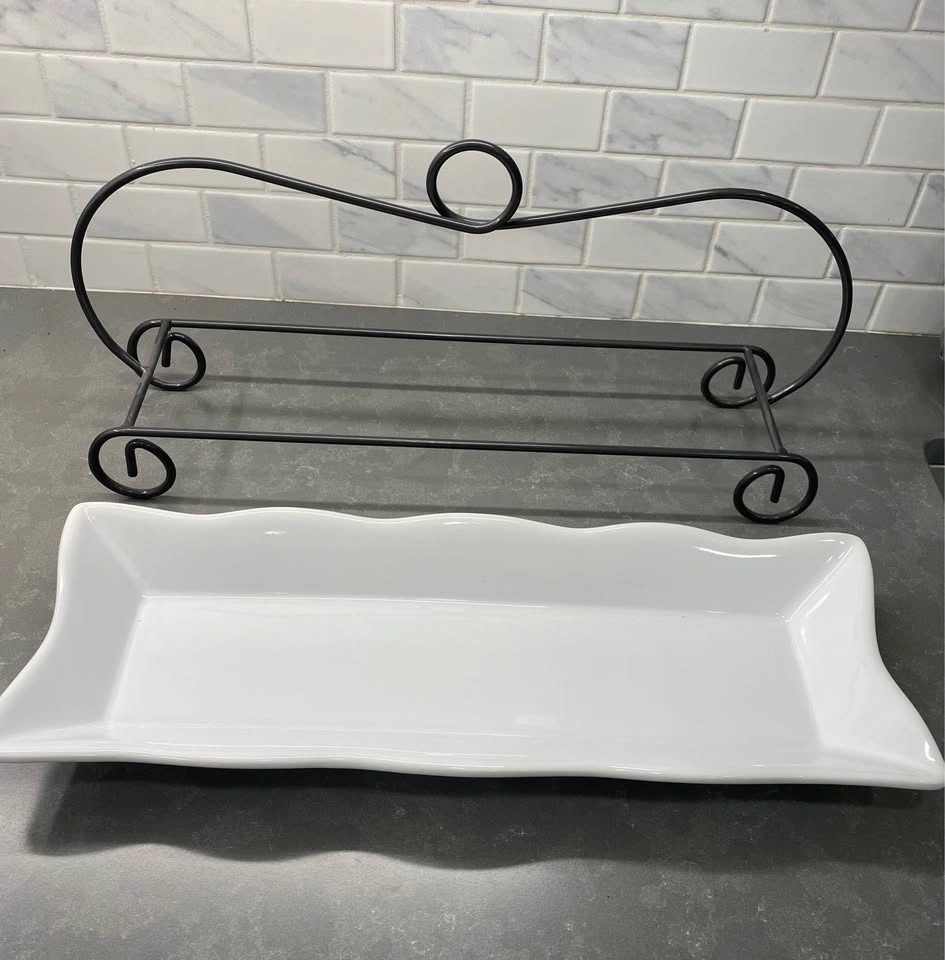 White Ceramic Serving Platter with Black Metal Stand - photo 3