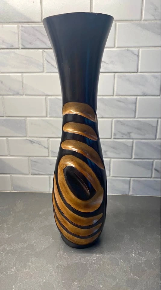 Hand-Carved Two-Tone Wooden Vase