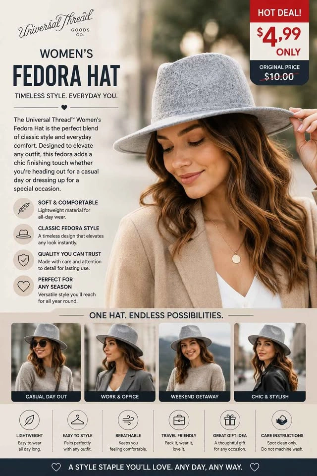 UNIVERSAL THREAD WOMEN'S FEDORA HATS - photo 2