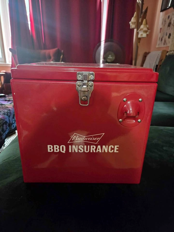 Budweiser BBQ Insurance Red Metal Cooler with Bottle Opener