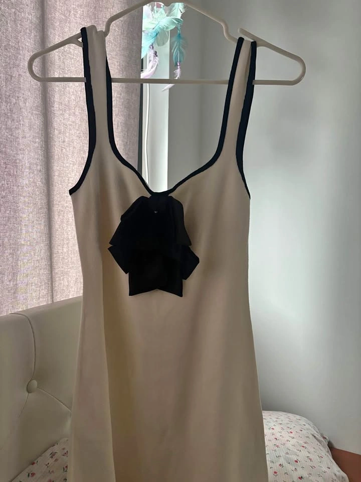 Cream Knit Mini Dress with Black Bow Detail