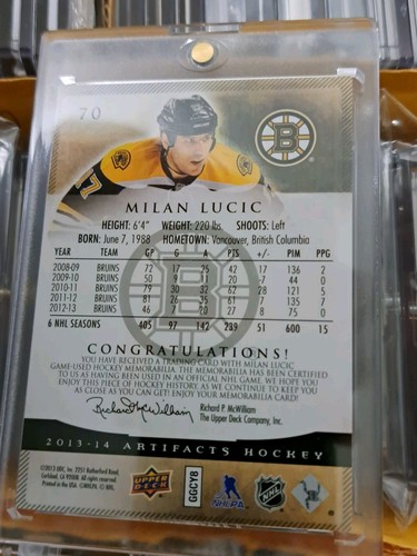 2013-14 Upper Deck Artifacts Milan Lucic Game Worn Jersey Card - photo 4