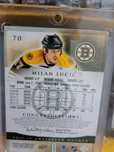 2013-14 Upper Deck Artifacts Milan Lucic Game Worn Jersey Card - photo 5