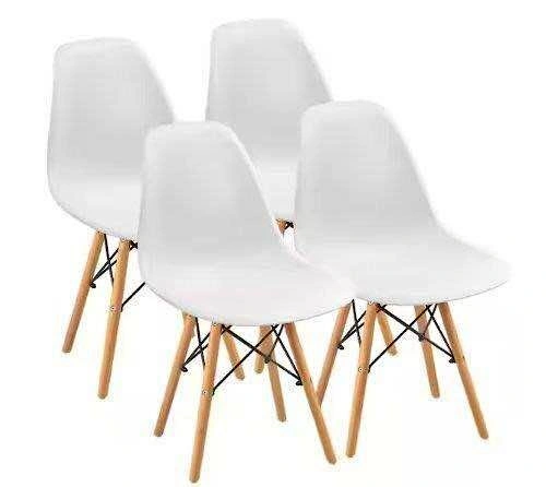 Set of 4 Eames Style White Dining Chairs with Wood Legs