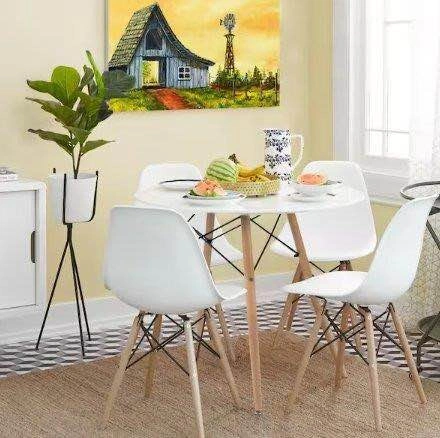 Set of 4 Eames Style White Dining Chairs with Wood Legs - photo 3