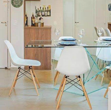 Set of 4 Eames Style White Dining Chairs with Wood Legs - photo 4