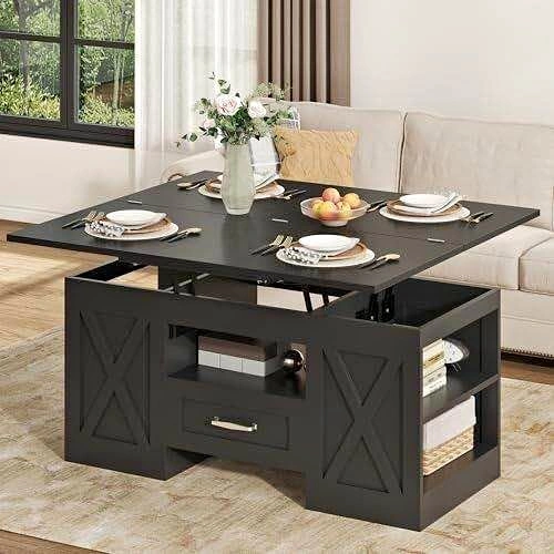 Lift Top Coffee Table with Storage and Convertible Dining Surfac