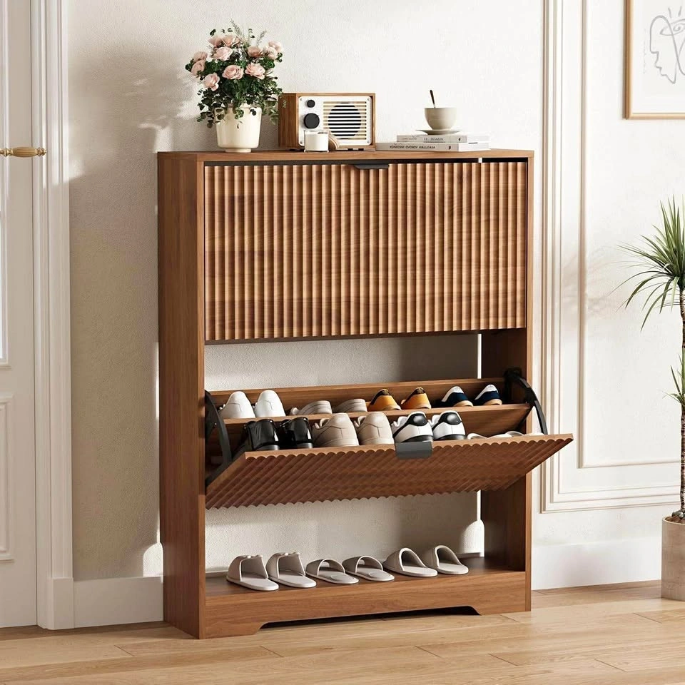 Fluted Wood Shoe Storage Cabinet