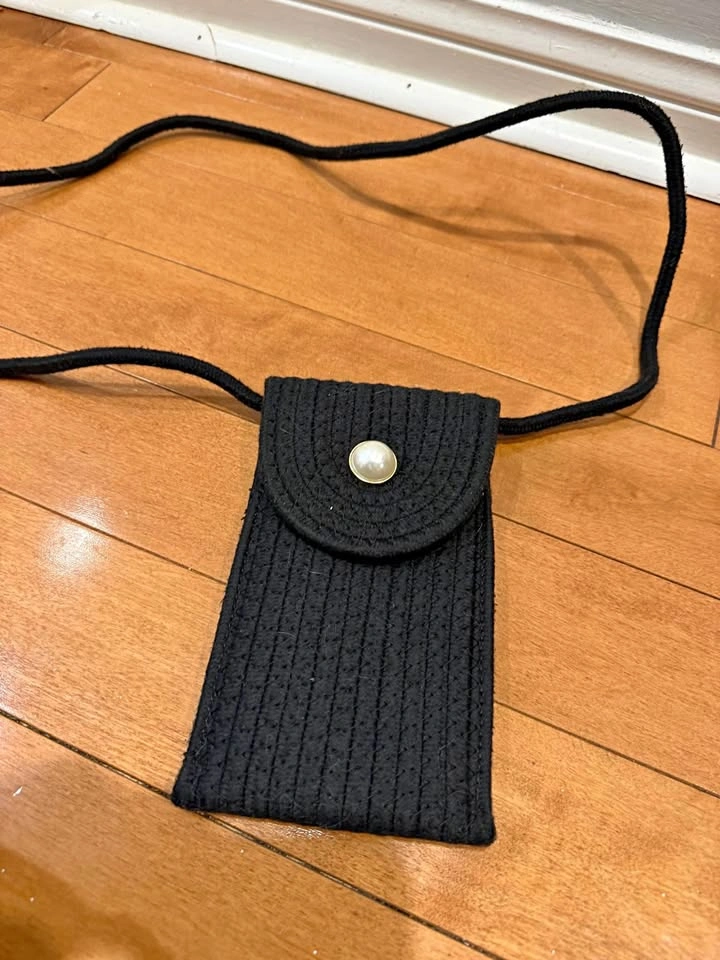 Black Woven Crossbody Phone Pouch with Pearl Detail