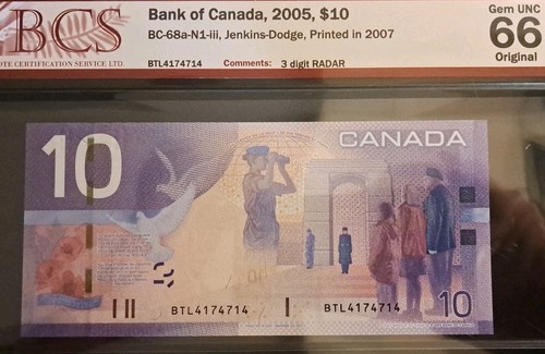 2005 Bank Of Canada $10, 3-Digit Radar Note, BCS 66