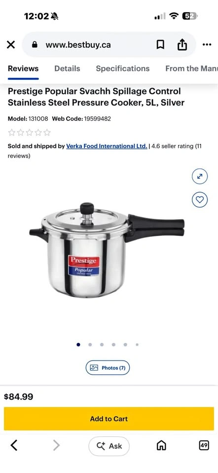 Prestige Popular Svachh Stainless Steel Pressure Cooker, 5L