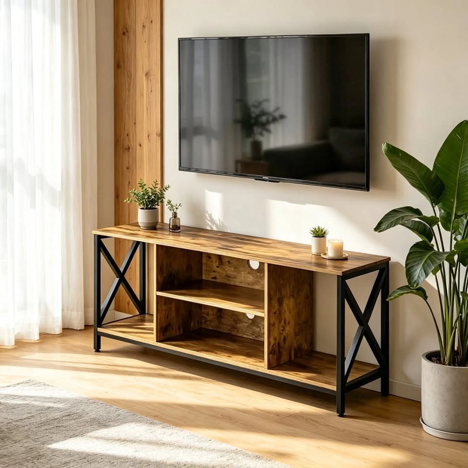 Rustic X-Frame TV Stand with Open Storage Shelves