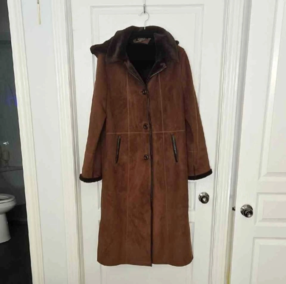 Brown Hooded Suede Faux Fur Long Coat - Novelti - Size Large