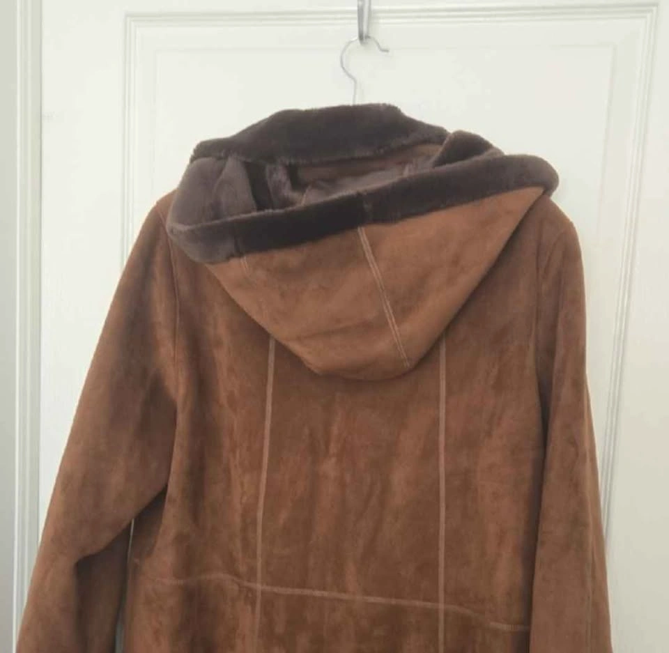 Brown Hooded Suede Faux Fur Long Coat - Novelti - Size Large - photo 2