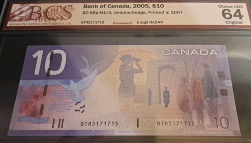 2005 Bank Of Canada $10, 3 Digit Radar Note, BCS CHUNC 64
