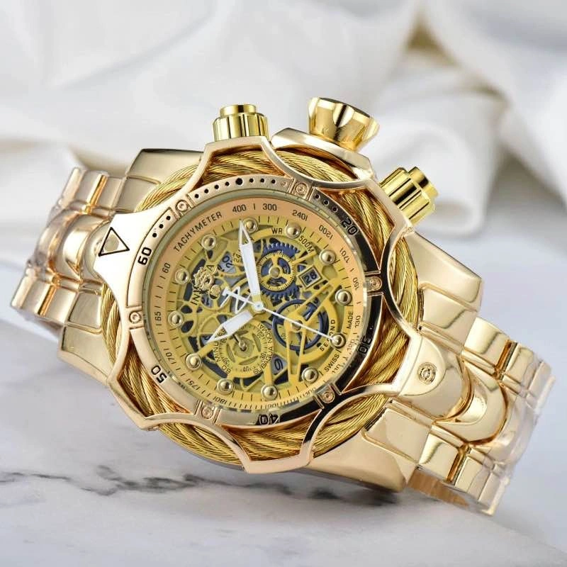 Luxury Gold Skeleton Dial Quartz Watch – 50mm Waterproof
