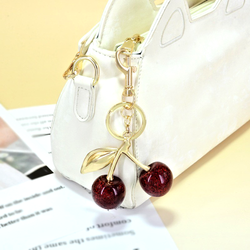 Red Cherry Apple Bag Charm Keychain Resin Metal Brass
