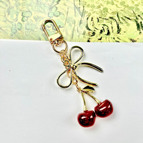 Red Cherry Apple Bag Charm Keychain Resin Metal Brass - photo 3