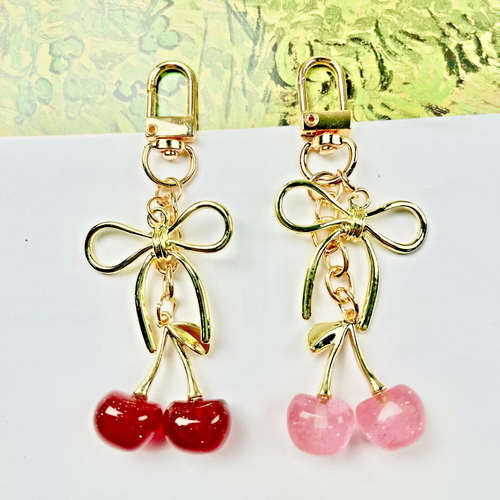 Red Cherry Apple Bag Charm Keychain Resin Metal Brass - photo 4