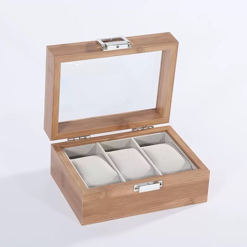 3 Slot Wooden Watch Display Box Organizer Case Glass Top