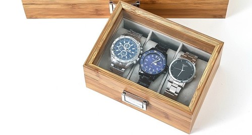 3 Slot Wooden Watch Display Box Organizer Case Glass Top - photo 3