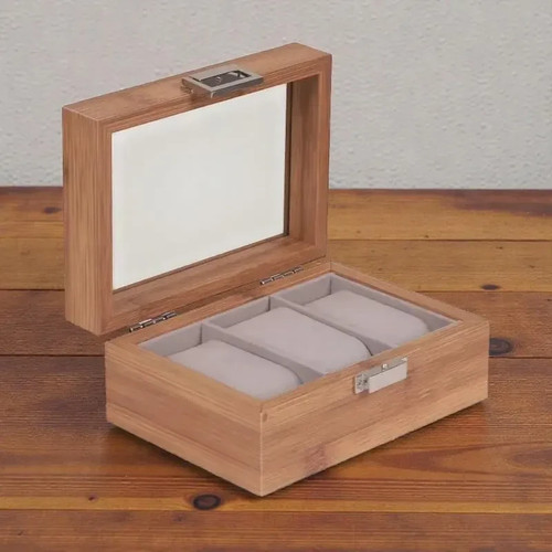 3 Slot Wooden Watch Display Box Organizer Case Glass Top - photo 4