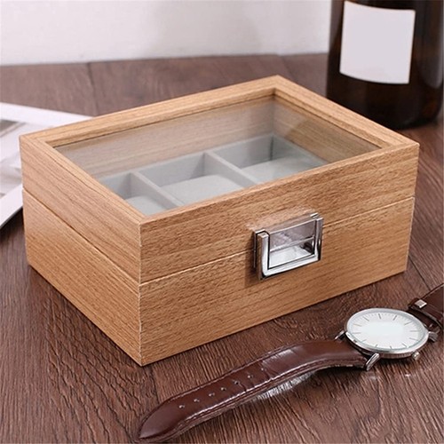 3 Slot Wooden Watch Display Box Organizer Case Glass Top - photo 5