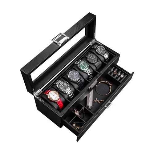 6 Slot Watch Box Organizer w/ Glass Lid & Drawer